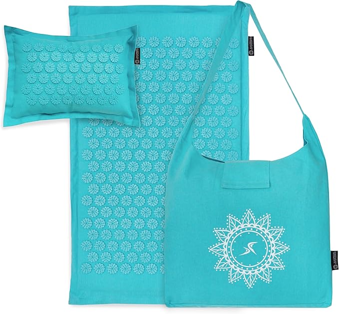 ProsourceFit Ki Acupressure Mat and Pillow Set with 100% Natural Linen for Back/Neck Pain Relief and Muscle Relaxation, Bahama Blue