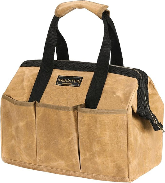 Heavy-Duty Waxed Canvas Tool Tote Bag - Wide Mouth Open Top Organizer with Reinforced Handle | Large Capacity Tool Pouch for Wrenches, Screwdrivers & DIY Supplies (15 x 11.5 x 7.8 inch, Khaki)