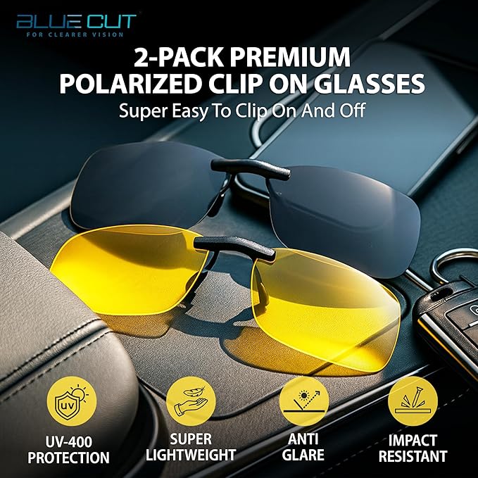 BLUE CUT Clip on Polarized Night Vision, Driving Sunglasses UV 400 Blocker To Wear Over Prescription Glasses