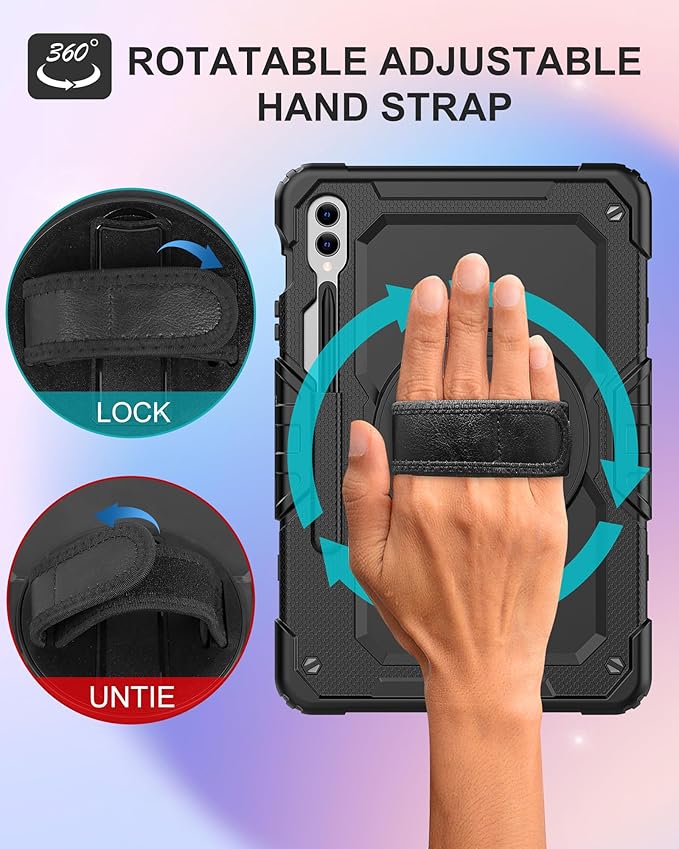 Case for Samsung Galaxy Tab S10 Plus/ S9 FE Plus/ S9 Plus 5G Tablet Case 12.4 inch [with Tempered Glass Screen Protector], Rotatable Kickstand, S Pen Holder, Hand/Shoulder Strap (Black)