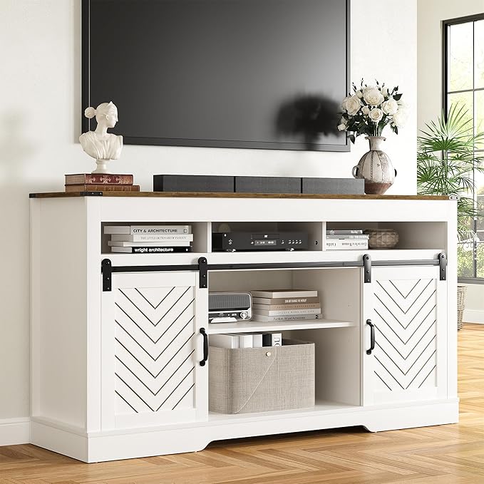 RoyalCraft TV Stand for 65+ Inch TV: Farmhouse Entertainment Center with Storage, Wood TV Console Cabinets with Sliding Barn Door, Tall Media with Adjustable Shelves for Living Room, Ivory & Oak