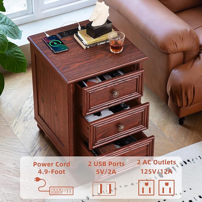 18" Farmhouse Nightstand with Charging Station and USB Port, RedOak Night Stand with 3 Drawers, Wood Bedside End Table with Storage, Bed Side Tables for Bedroom Living Room and Closet