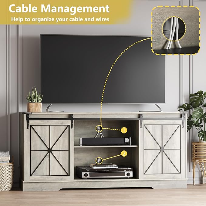 Farmhouse TV Stand for 65/60/55 Inch Tvs, Rustic Entertainment Center with Storage Cabinets & Sliding Barn Doors, Modern Media Console Table, Wood Television Furniture for Living Room, Bedroom, Grey