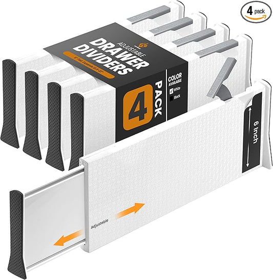 RAPTUROUS Adjustable Deep Drawer Divider – 6" Tall, Expandable 13-22", 4-Pack, Non-Slip Drawer Dividers for Clothes, Dresser, Kitchen & Office Organization (White)