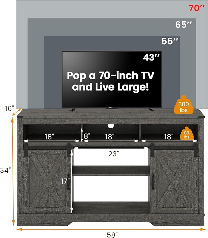 RoyalCraft Farmhouse Fireplace TV Stand for 65+ Inch TV, Entertainment Center with 23" Electric Fireplace with Remote, 34 Tall Modern Rustic TV Console with Sliding Bar Door for Living Room, Dark Grey