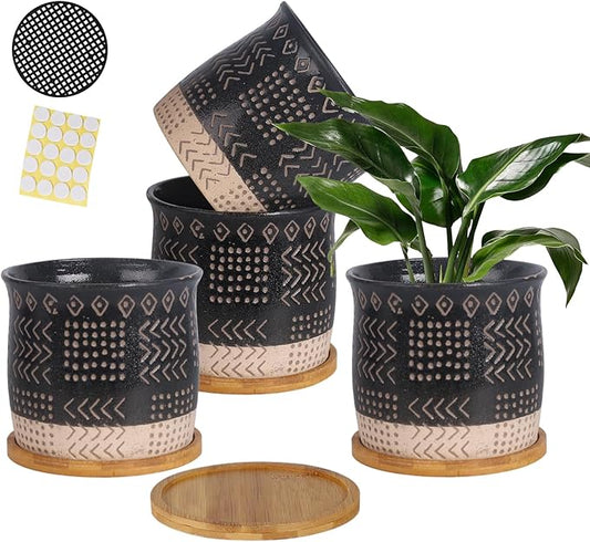 TAMAYKIM 5.5 Inch Ceramic Plant Pots Sets with Drainage Holes, Retro Style Black Flower Planter Pot with Saucer for Indoor Outdoor Succulent, Snake Plants, Cactus & Herbs, Set of 4