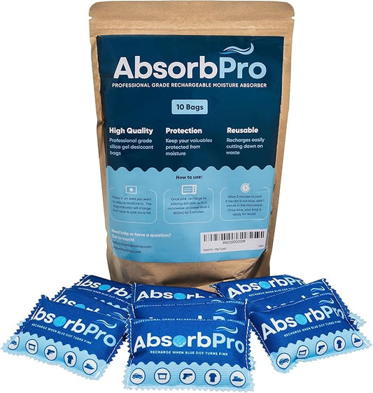 Rechargeable Dehumidifier Bag 10-Pack - 100g Reusable Moisture Absorbers - Silica Gel Packets for Bins, Totes, Gun Safe, Food Storage, Clothes, Cars, and Boats