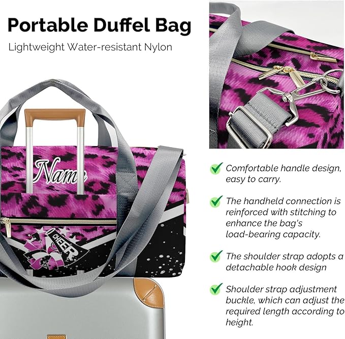 Cheer Cheerleader Personalized Duffel Bag Customized Yoga Sport Bags with Name Travel Duffel Bag Shoulder Bag Rose Powder Weekender Bags with Shoe Compartments