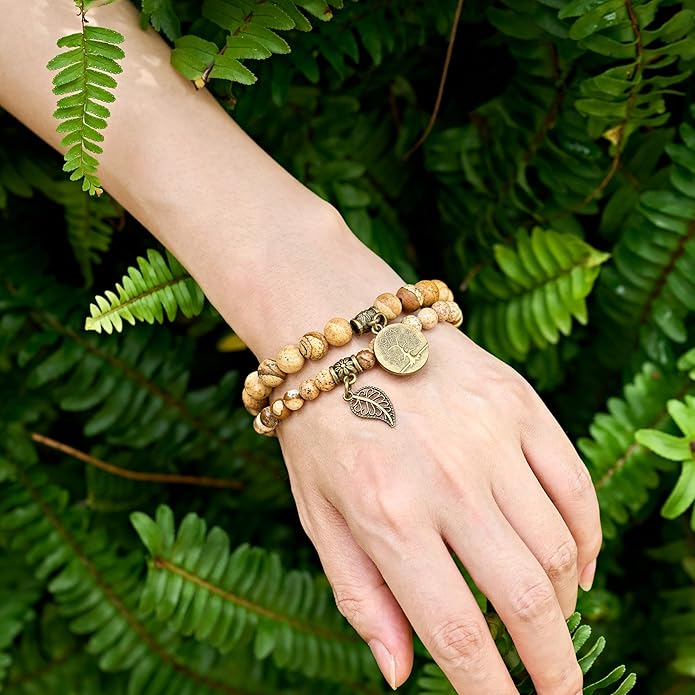 Bivei Natural Semi Precious Gemstone beads bracelet for women - Life Tree and Leaf Charm Energy Reiki Crystal Stretch Bracelets