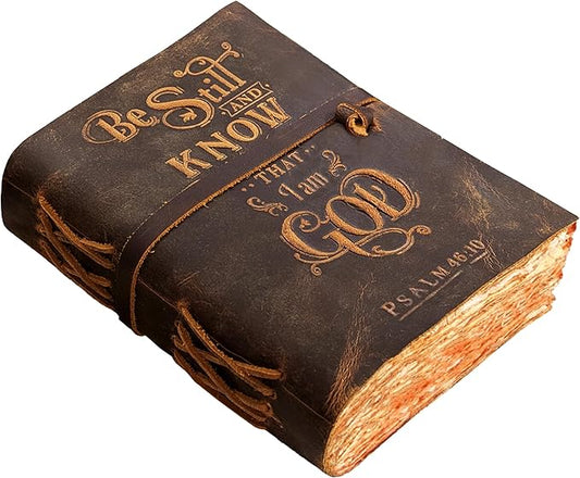 LEATHER VILLAGE Vintage Leather Journal with Psalm 46:10 Bible Verse–13''x8'' Embossed Prayer Study Journal for Women & Men – 200 Pages Handmade Cotton Deckle Edge Watercolor Paper - Cappuccino Brown