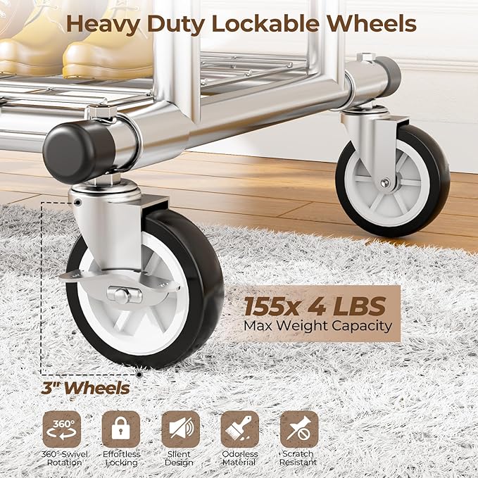 Heavy Duty Clothes Rack, Rolling Clothing Rack With Shelves Load 620 LBS, Double Rod Clothing Racks for Hanging Clothes, Portable& Adjustable Clothes Rack with Wheels Garment Rack