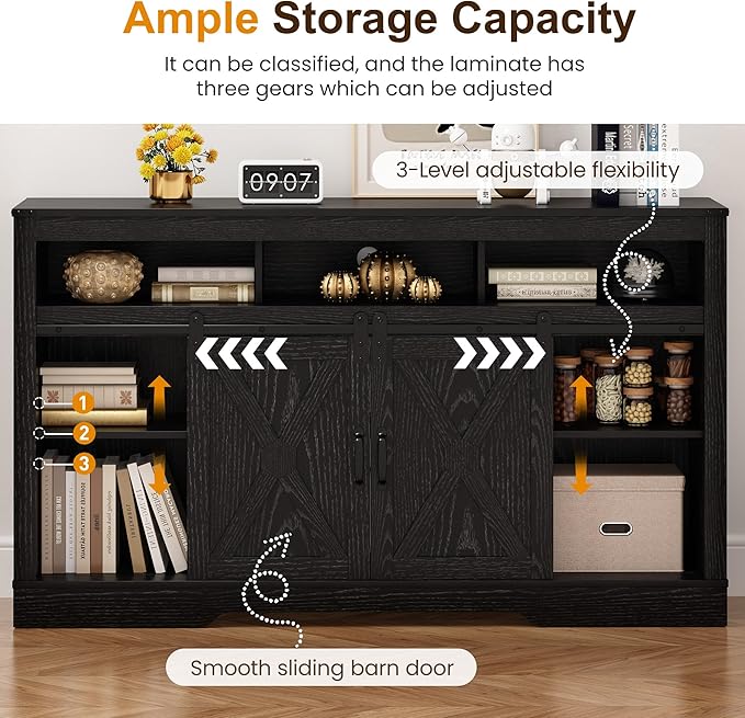 RoyalCraft Farmhouse Fireplace TV Stand for 65+ Inch TV, Entertainment Center with 23" Electric Fireplace with Remote, 34" Tall Modern Rustic TV Console with Sliding Bar Door for Living Room, Black