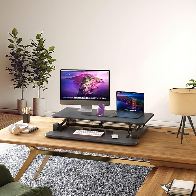 Mount-It! Electric Standing Desk Converter 35.4" Quick Sit Stand Desk Riser, Computer Workstation Motorized Easy Convertor with Built-in USB Charging Port, Ergonomic Height Adjustable in Black