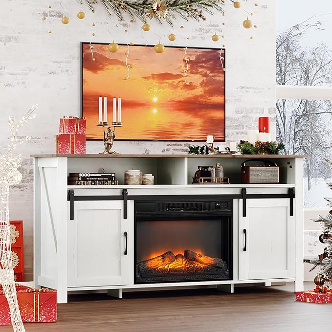 VINGLI Fireplace TV Stand with Sliding Barn Door for 70 Inch TV, Farmhouse Entertainment Center ＆ 23" Fireplace, Media Console Table with Storage Cabinets for Living Room, Distressed White & Barnwood