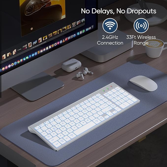 SABLUTE Wireless Keyboard with 7 Colored Backlits, Rechargeable Silent Compact Cordless Computer Keyboard with Low Profile Quiet Light Up Keys for Windows, PC, Linux, Chrome, Mac (Silver)