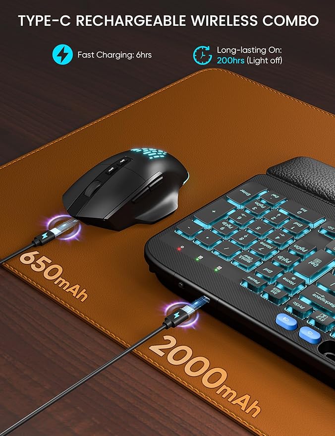 SABLUTE Wireless Keyboard and Mouse Combo - Ergonomic Wave Keyboard with Soft Leather Wrist Rest, Phone Holder, Rechargeable, RGB Backlit Mouse, Full-Size Set for Windows/Mac/Computer (Black Blue)