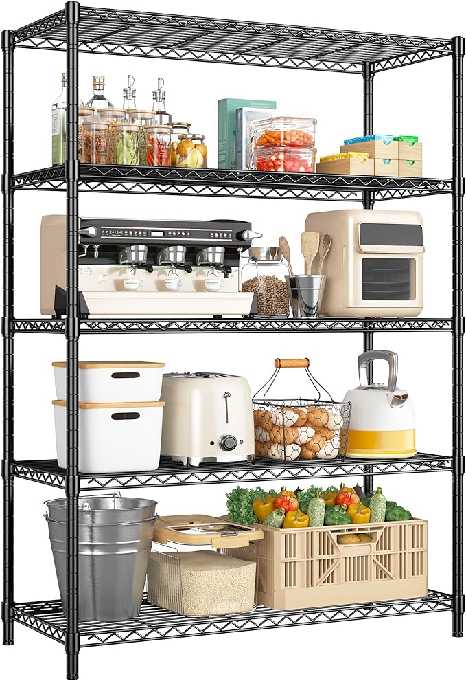 5 Tier Storage Shelves 71" H Wire Shelving Adjustable Metal Shelving,1000LBS Pantry Shelves Sturdy Steel Wire Shelf for Kitchen Commercial Pantry Garage Warehouse,71" H X35.5 W X13.8 D, Black