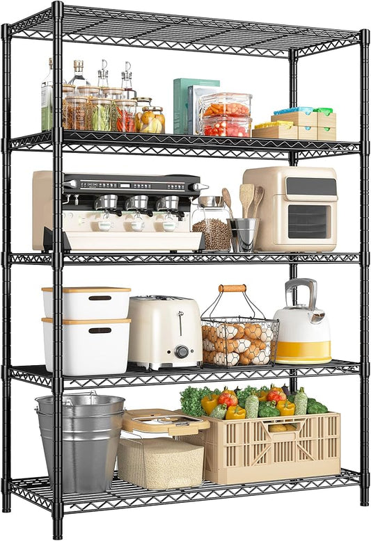 5 Tier Storage Shelves 71" H Wire Shelving Adjustable Metal Shelving,1000LBS Pantry Shelves Sturdy Steel Wire Shelf for Kitchen Commercial Pantry Garage Warehouse,71" H X35.5 W X13.8 D, Black