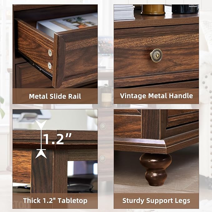 24" Wide Farmhouse Night Stand,Large End Table with 2 Drawers & Metal Handle,Wood Dresser for Bedroom, Brown Bed Side Table Chest of Drawers Cabinet,Nightstand for Living Room,Closet