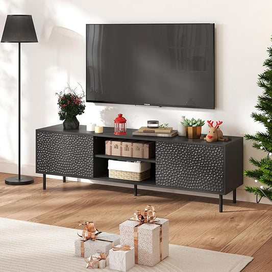 ANJ Black TV Stand for 75 Inch TV, Mid-Century Modern TV Console with Storage, Wooden Television Furniture for Living Room, Entertainment Center with Large Storage Space, Textured Honeycomb Pattern