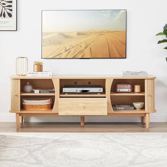 TV Stand, Media Console Table with Drawer and Sliding Door, Modern Entertainment Center with Storage for Living Room, Bedroom, Home Office (Natural with 1 Drawer)