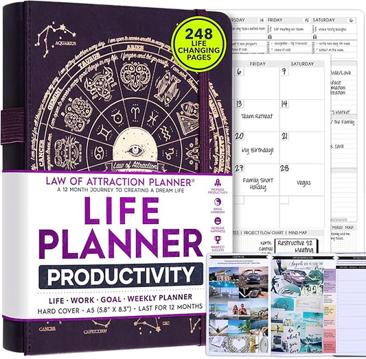 Life Planner - Undated Weekly & Monthly Planner, 12-Month Journey to Increase Productivity | Gratitude Journal, Life Organizer & Goal Journal | Include Foldable Vision Board, Habit Tracker & Stickers