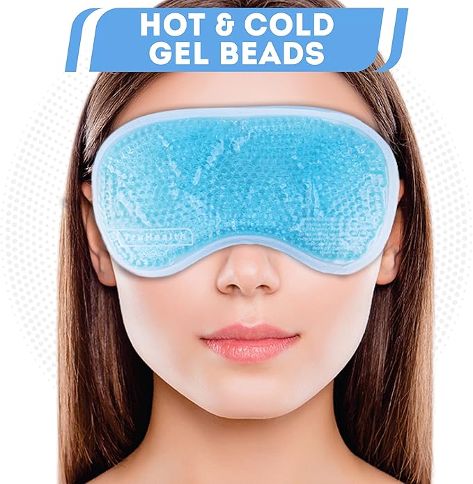 Hot & Cold Gel Bead Mask for Sinus Relief - 11 x 4.75-inch, Light Blue Beaded Design - Reusable Gel Eye Mask & Post-Surgery Ice Pack, Cold Compress for Dryness & Puffiness