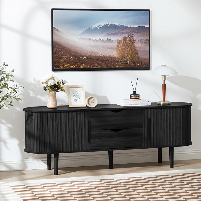 TV Stand, Media Console Table with Sliding Door and 2 Drawers, Modern Entertainment Center with Storage for Living Room, Bedroom, Home Office (Black with 2 Drawers)