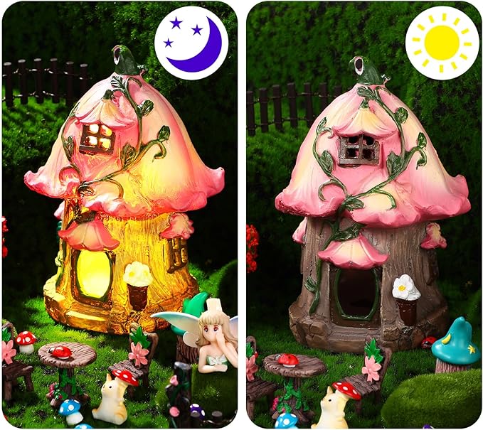 Gerrii 54 Pcs Fairy Accessories Outdoor Garden Kit Solar Fairy House Statues Decor Resin Fairy Figurines Mushroom Ornament Miniature Garden for DIY Yard Supplies Home Spring Easter Decoration