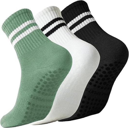Pilates Socks with Grips for Women Grippy Non Slip Crew Socks for Yoga Barre Hospital Striped 3 Pairs
