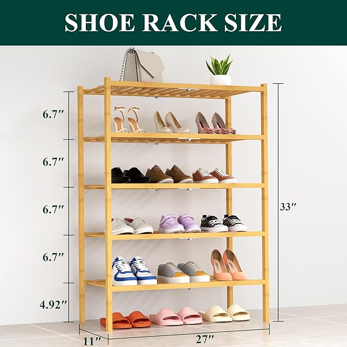 Smiry Shoe Rack, 5 Tier Thick Bamboo Shoe Organizer, Stackable Free Standing Wooden Shoe Storage Shelf for Closet, Entryway, Front Door Entrance, Natural