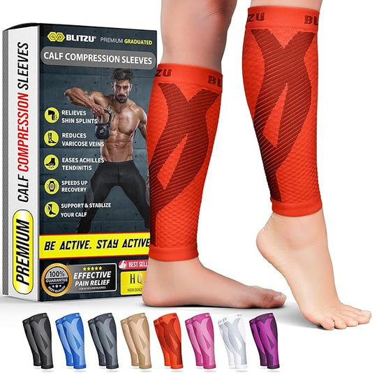 BLITZU Calf Compression Sleeve for Men & Women Footless Compression Socks Support Runners Leg Sleeve Shin Splints Pain Relief