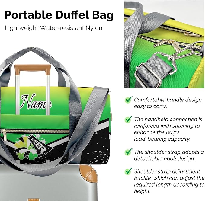 Cheer Cheerleader Personalized Duffel Bag Customized Yoga Sport Bags with Name Travel Duffel Bag Shoulder Bag Tea Green Weekender Bags with Shoe Compartments