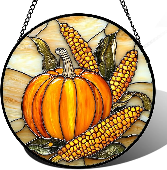 Stained Glass Window Hanging Autumn Harvest Pumpkin Corn Large 15" - Suncatcher Door Garden Kitchen Sunroom Sun Catcher Fall Home Decor Birthday for Mom Grandma Men Woman