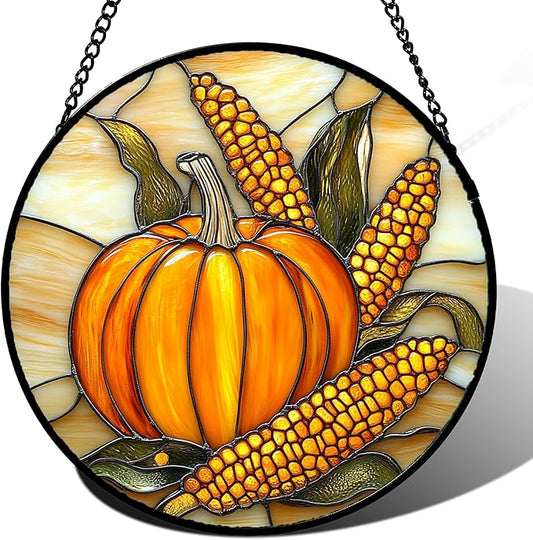 Stained Glass Window Hanging Autumn Harvest Pumpkin Corn Large 15" - Suncatcher Door Garden Kitchen Sunroom Sun Catcher Fall Home Decor Birthday for Mom Grandma Men Woman