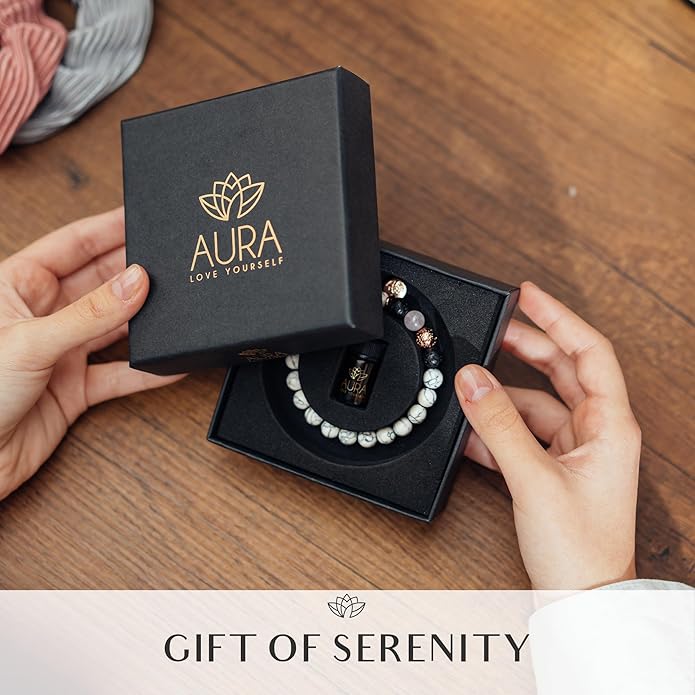 Lava Rock Beaded Diffuser Bracelet for Women with Lavender Essential Oil, 18K Gold-Plated Charm Soothing Crystal Beads Boho Stretch Bracelet for Aromatherapy, Birthday and Valentine’s Day Gift for Her