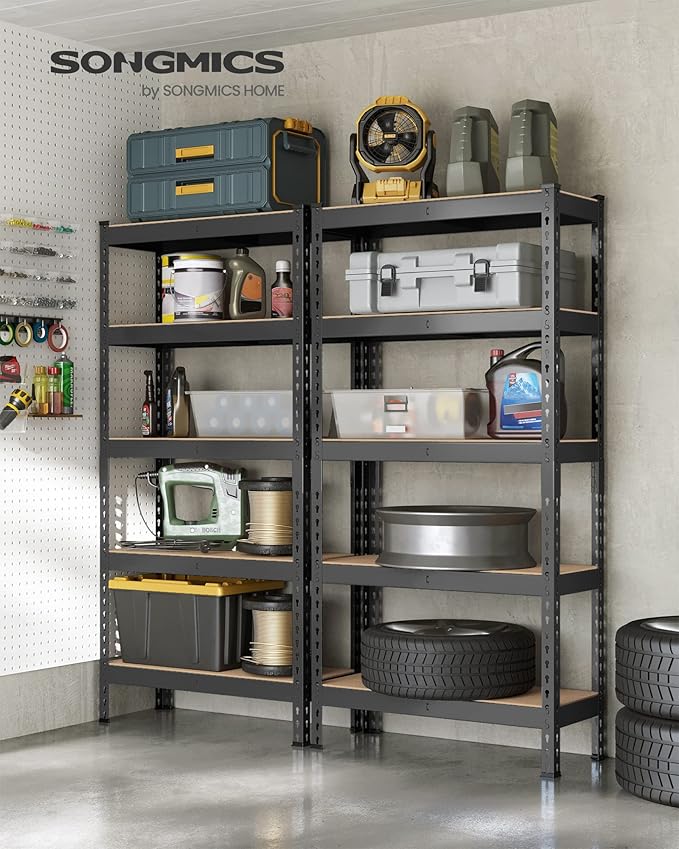 SONGMICS 5-Tier Storage Shelves, Load 2310 lb, Set of 2 Garage Storage, Boltless Assembly, Adjustable Shelving Unit, 11.8 x 29.5 x 59.1 Inches, for Study Shed Basement, Black UGLR300B02