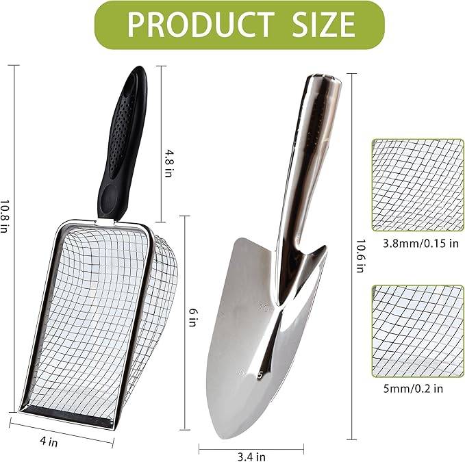 2 Pcs Soil Sifter for Gardening with Garden Shovel Hand Trowel - 3.8/5mm Mesh, Stainless Steel Sifter with Ergonomic Handle for Compost, Sand, Rocks, Potting Soil, Landscaping, Beach & cat Litter