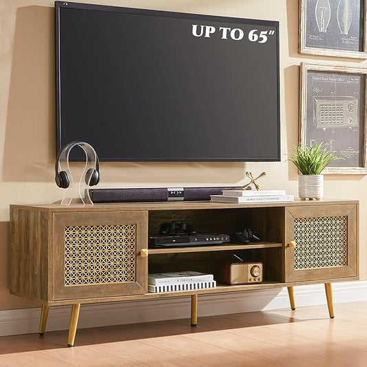 Mid Century Modern TV Stand with Metal Mesh Doors and Open Shelf for Tvs up to 65" Boho Media Console Entertainment Center with Cable Holes for Living Room Rustic Oak 59.06"x15.55"x20.87"