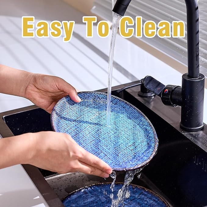 Ceramic Dinner Plates Set of 4, 8 Inch Porcelain Pasta and Salad Plates, Stoneware Plate Set for 4, Handmade Round Dishes for Home Decor, Microwave,Oven,and Dishwasher Safe, Blue