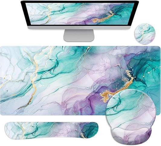 Long Mouse Pad XXL,Ergonomic Desk Mat Gaming Set,Keyboard Wrist Support Rest Mouse Pad Suitable for Office and Home (XXL Green Marble Set)
