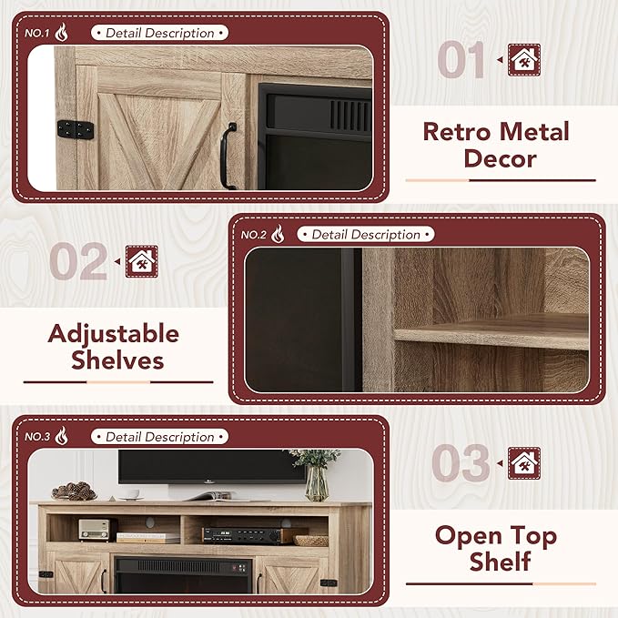 JUMMICO Fireplace TV Stand for TVs Up to 65+ Inch Entertainment Center with Open Storage Shelves and Side Cabinets, Media Console Table with Barn Doors for Living Room (Pale Yellow)