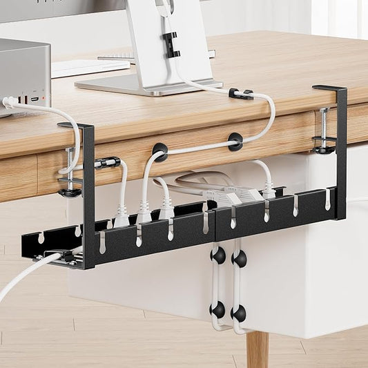 Under Desk Cable Management Tray, Extendable 11.2" to 21.6" Cable Management Under Desk Tray, No Drill with Clamp for Home Office