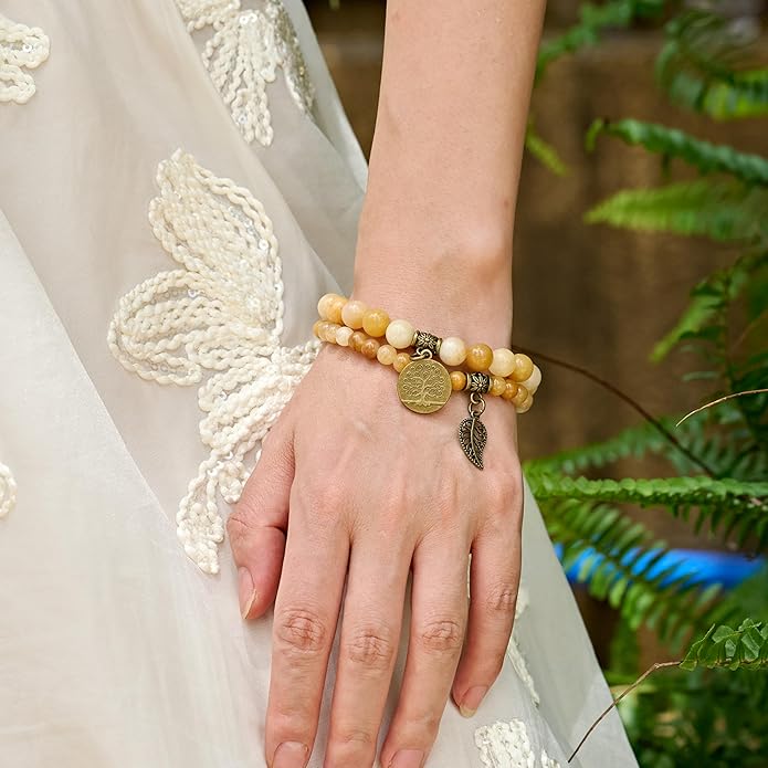 Bivei Natural Semi Precious Gemstone beads bracelet for women - Life Tree and Leaf Charm Energy Reiki Crystal Stretch Bracelets