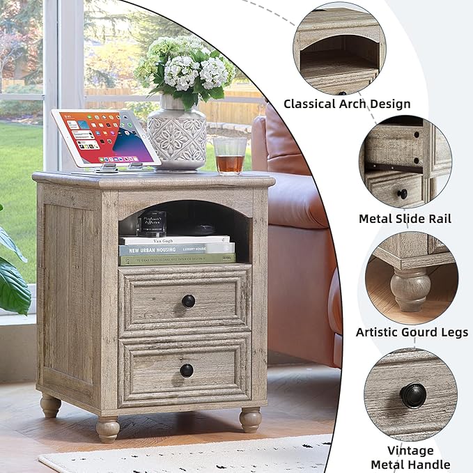 18" Farmhouse Night Stand Set of 2 with Charging Station, Gray Wood Nightstand with 2 Drawers, Bedside End Table with Shelf Storage, Bed Side Tables for Bedroom, Living Room, and Closet