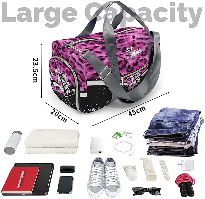Cheer Cheerleader Personalized Duffel Bag Customized Yoga Sport Bags with Name Travel Duffel Bag Shoulder Bag Rose Powder Weekender Bags with Shoe Compartments