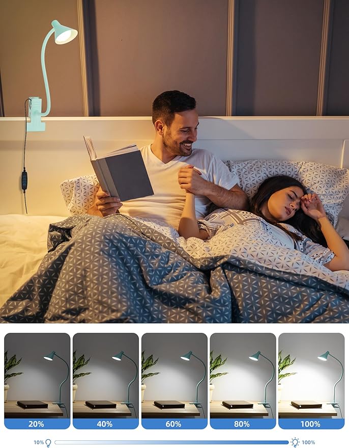 Reading Light for Bed, Clip-on Desk Lamp with Flexible Neck, 3 Color Modes & 10 Dimmable Brightness, Teal