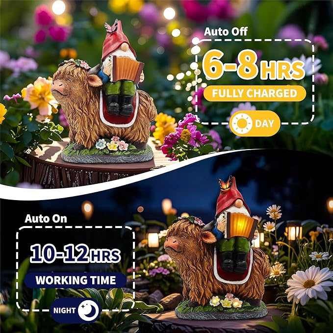 Garden Gnomes Outdoor Statues: 8'' Solar Light Gnome Decor on Highland Cow Play The Accordion Unique Birthday Gifts for Women Mother Grandma