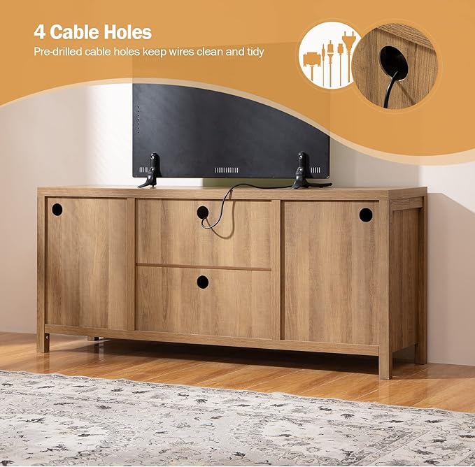 SICOTAS TV Stands for Living Room : Rattan TV Console Cabinet with Storage and Shelf, Boho Entertainment Center, 59" Media Console for 55, 65 Inch TV, 26" Tall Television Stands, Oak