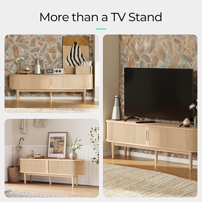 LINSY HOME 58" Fluted TV Stand for TVs up to 65 Inch, Mid Century Modern Entertainment Center with Storage Cabinet and Sliding Doors, Farmhouse Wood Media TV Console for Living Room, Bedroom, Oak